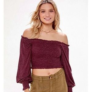 Urban Outfitters Selena Smocked Off the Shoulder Cropped Top